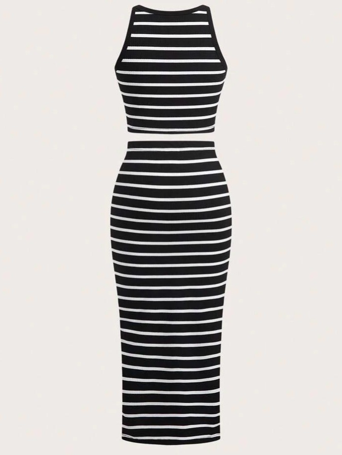 Sleeveless Black & White Striped Skirt Set